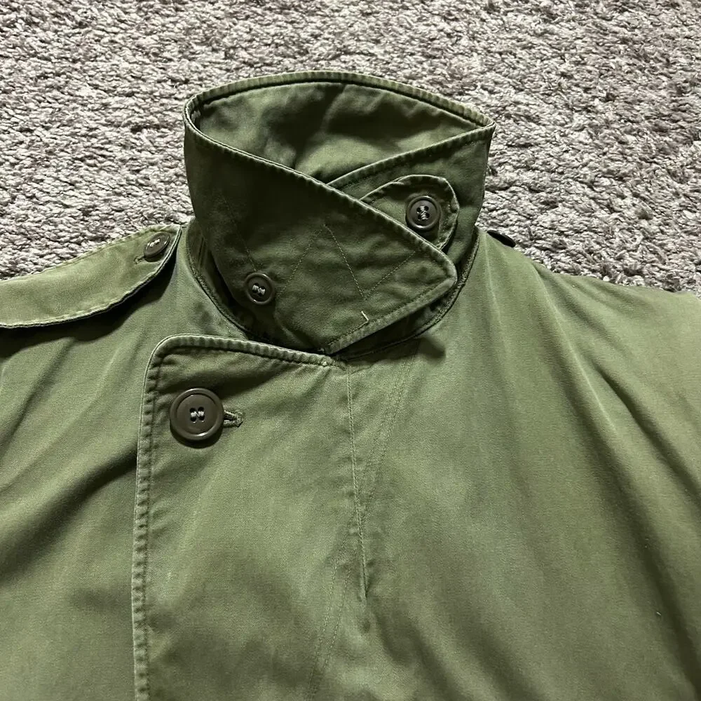 Vintage 60s Military Jacket Army Green Trench Coat Olive Canvas US Army Overcoat